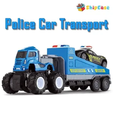 Friction Powered Police Car Transport Truck Toy for Kids 1:43 Die Cast Model Rescue Miniature Trailer with Cars Carrier Truck